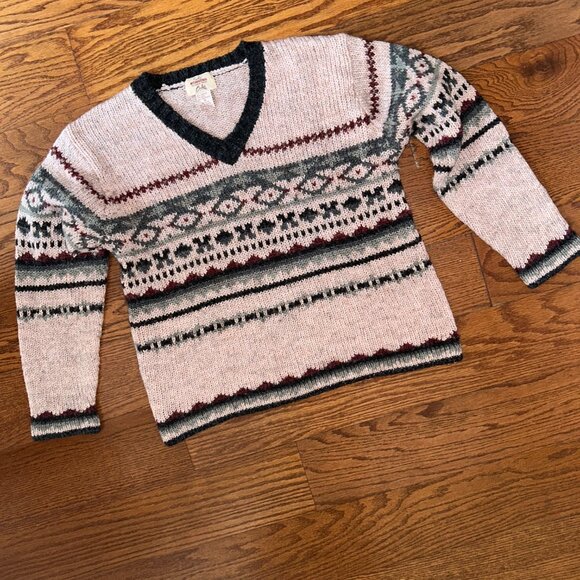 Vintage 90s Wool Blend Fisherman V-Neck Sweater Nordic Size Medium - Picture 3 of 10